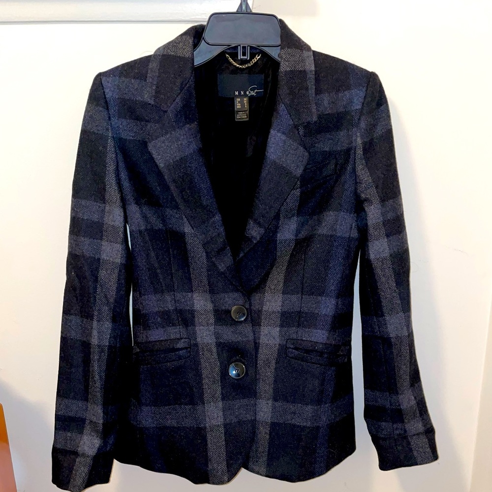 Mango Plaid Navy Wool Blazer